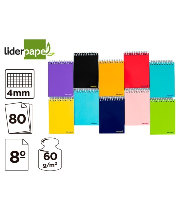 Cuaderno espiral liderpapel bolsillo octavo apaisado smart tapa blanda 80h 60gr cuadro 4mm colores surtidos