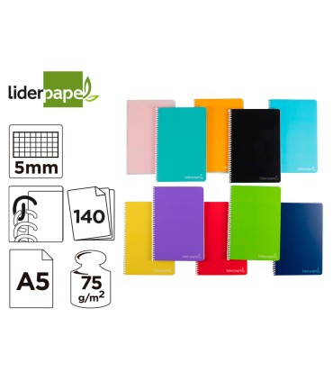 Cuaderno espiral liderpapel a5 micro witty tapa dura 140h 75gr cuadro 5mm 5 bandas 6 taladros colores surtidos