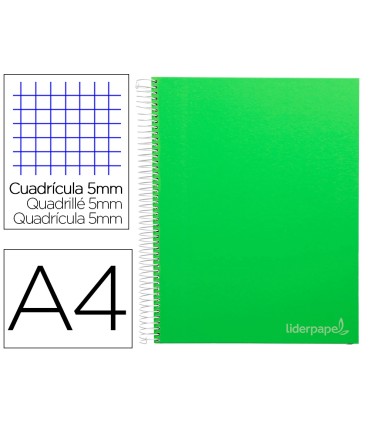 Cuaderno espiral liderpapel a4 micro jolly tapa forrada 140h 75 gr cuadro 5mm 5 bandas 4 taladros color verde