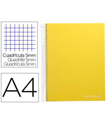 Cuaderno espiral liderpapel a4 micro jolly tapa forrada 140h 75 gr cuadro 5mm 5 bandas4 taladros color amarillo