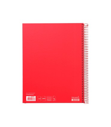 Cuaderno espiral liderpapel a4 micro jolly tapa forrada 140h 75 gr cuadro 5mm 5 bandas 4 taladros color rojo