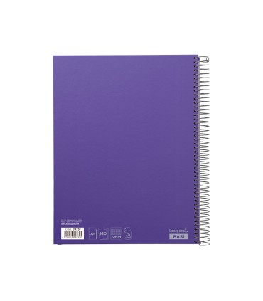 Cuaderno espiral liderpapel a4 micro jolly tapa forrada 140h 75 gr cuadro 5mm 5 bandas 4 taladros color lila