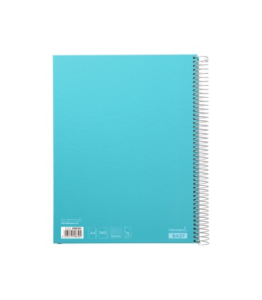 Cuaderno espiral liderpapel a4 micro jolly tapa forrada 140h 75 gr cuadro 5mm 5 bandas4 taladros color celeste