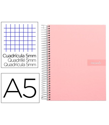 Cuaderno espiral liderpapel a5 micro crafty tapa forrada 120h 90 gr cuadro 5mm 5 bandas6 taladros color rosa