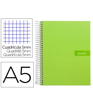 Cuaderno espiral liderpapel a5 micro crafty tapa forrada 120h 90 gr cuadro 5mm 5 bandas6 taladros color verde