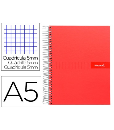 Cuaderno espiral liderpapel a5 micro crafty tapa forrada 120h 90 gr cuadro 5mm 5 bandas6 taladros color rojo