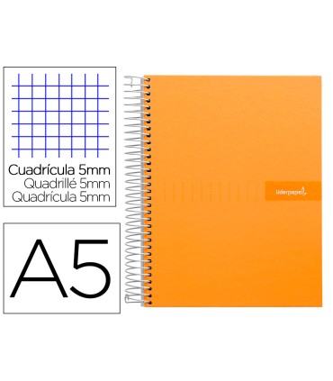 Cuaderno espiral liderpapel a5 micro crafty tapa forrada 120h 90 gr cuadro 5mm 5 bandas6 taladros color naranja