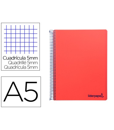 Cuaderno espiral liderpapel a5 micro wonder tapa plastico 120h 90g cuadro 5mm 5 bandas 6 taladros color rojo