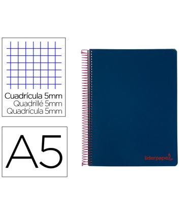 Cuaderno espiral liderpapel a5 micro wonder tapa plastico 120h 90g cuadro 5mm 5 bandas 6 taladros color azul marino