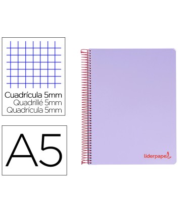 Cuaderno espiral liderpapel a5 micro wonder tapa plastico 120h 90g cuadro 5mm 5 bandas 6 taladros color violeta