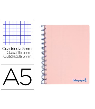 Cuaderno espiral liderpapel a5 micro wonder tapa plastico 120h 90g cuadro 5mm 5 bandas 6 taladros color rosa