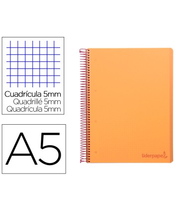 Cuaderno espiral liderpapel a5 micro wonder tapa plastico 120h 90g cuadro 5mm 5 bandas 6 taladros color naranja