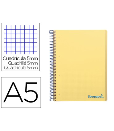 Cuaderno espiral liderpapel a5 micro wonder tapa plastico 120h 90g cuadro 5mm 5 bandas 6 taladros color amarillo