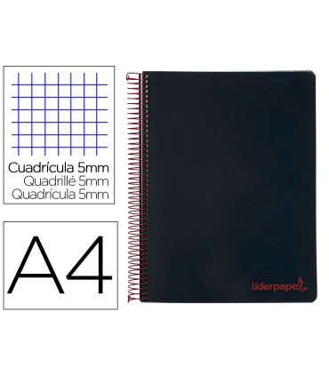 Cuaderno espiral liderpapel a4 micro wonder tapa plastico 120h 90 gr cuadro 5 mm 5 bandas 4 taladros color negro