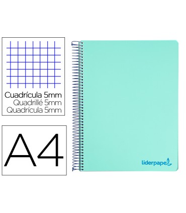 Cuaderno espiral liderpapel a4 micro wonder tapa plastico 120h 90 gr cuadro 5 mm 5 bandas 4 taladros color verde