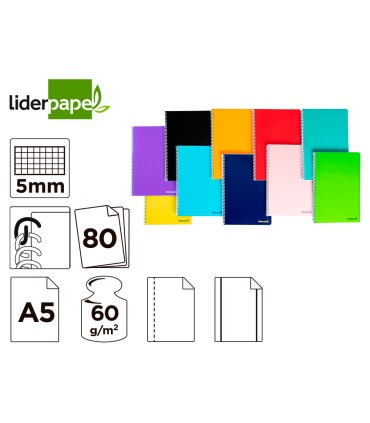 Cuaderno espiral liderpapel a5 micro smart tapa blanda 80h60gr cuadro 5mm 6 taladros colores surtidos