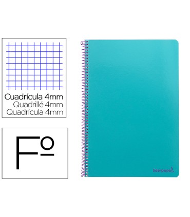 Cuaderno espiral liderpapel folio smart tapa blanda 80h 60gr cuadro 4mm con margen color turquesa