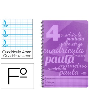 Cuaderno espiral liderpapel folio pautaguia tapa plastico 80h 75gr cuadro pautado 4mm con margen color violeta