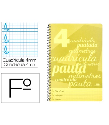 Cuaderno espiral liderpapel folio pautaguia tapa plastico 80h 75gr cuadro pautado 4mm con margen color amarillo