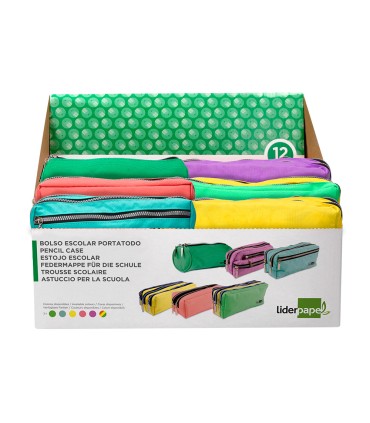 Bolso escolar liderpapel portatodo expositor de 12 unidades colores y modelos surtidos