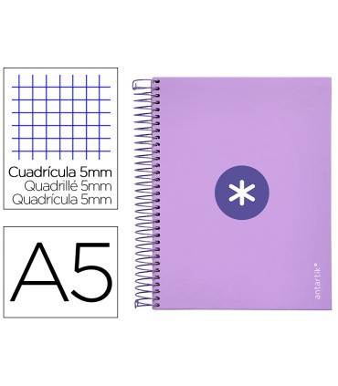 Cuaderno espiral liderpapel a5 micro antartik tapa forrada120h 90 gr cuadro 5mm 5 banda 6 taladros color lavanda