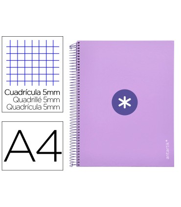 Cuaderno espiral liderpapel a4 micro antartik tapa forrada120h 100 gr cuadro 5mm 5 banda4 taladros color lavanda