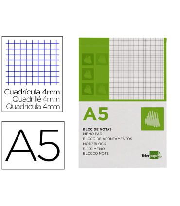 Bloc notas liderpapel cuadro 4mm a5 80 hojas 60g m2 perforado