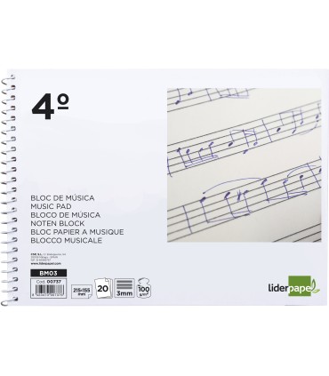 Bloc musica liderpapel pentagrama 3mm cuarto 20 hojas 100g m2