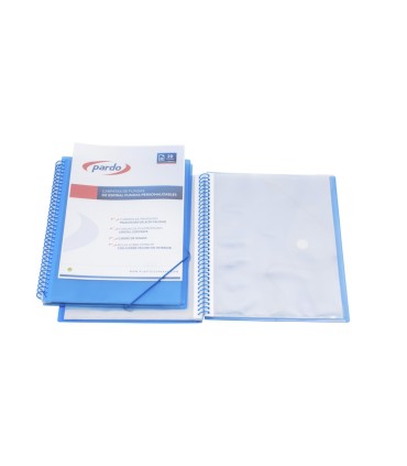 Carpeta pardo escaparate con espiral 40 fundas polipropileno con gomas personalizable color azul