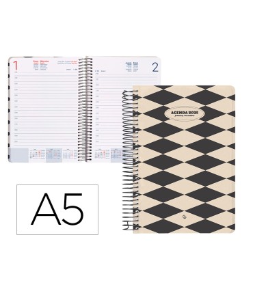 Agenda espiral liderpapel clas sic a5 2025 dia pagina blanco y negro 1 papel 70 gr