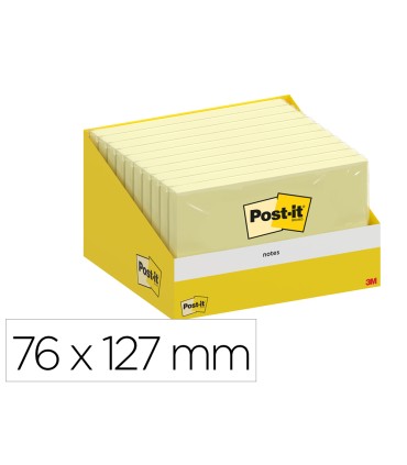 Bloc de notas adhesivas quita y pon post it 76x127 mm 100 hojas amarillo canario retractilado individualmente