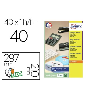 Etiqueta adhesiva avery blanca brillante laser 210x297 mm caja de 40 unidades