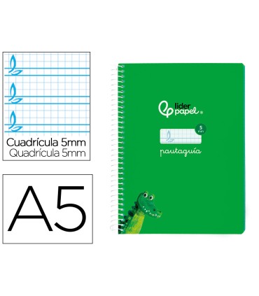 Cuaderno espiral liderpapel di n a5 pautaguia tapa blanda 40h 75 gr cuadro pautado 5mm color verde