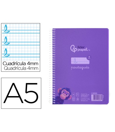 Cuaderno espiral liderpapel din a5 pautaguia tapa plastico 80h 90gr cuadro pautado 4 mm con margen color violeta