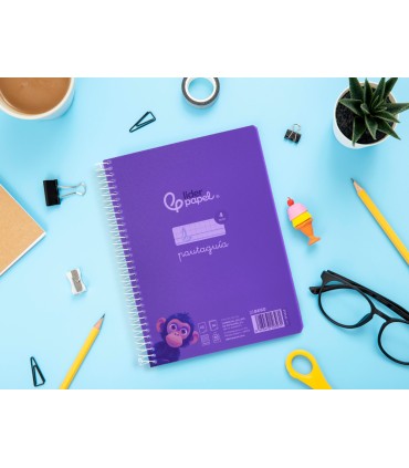 Cuaderno espiral liderpapel din a5 pautaguia tapa plastico 80h 90gr cuadro pautado 4 mm con margen color violeta