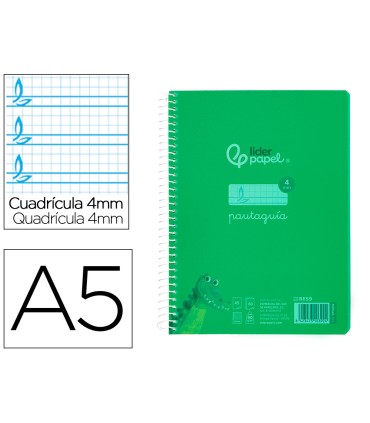 Cuaderno espiral liderpapel din a5 pautaguia tapa plastico 80h 90gr cuadro pautado 4mm con margen color verde