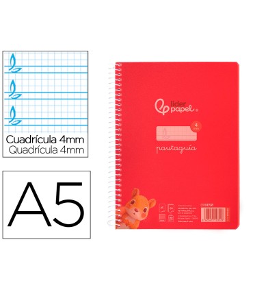 Cuaderno espiral liderpapel din a5 pautaguia tapa plastico 80h 90gr cuadro pautado 4mm con margen color rojo