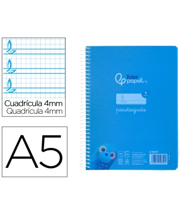 Cuaderno espiral liderpapel din a5 pautaguia tapa plastico 80h 90gr cuadro pautado 4mm con margen color azul