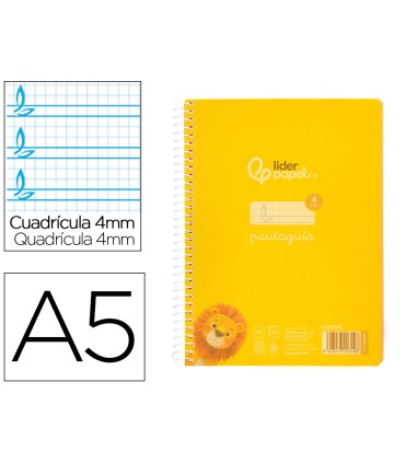 Cuaderno espiral liderpapel din a5 pautaguia tapa plastico 80h 90gr cuadro pautado 4mm con margen color amarillo