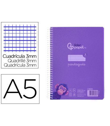 Cuaderno espiral liderpapel din a5 pautaguia tapa plastico 80h 90gr cuadro pautado 3 mm con margen color violeta