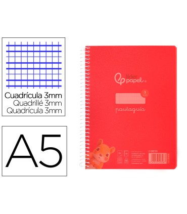 Cuaderno espiral liderpapel din a5 pautaguia tapa plastico 80h 90gr cuadro pautado 3 mm con margen color rojo