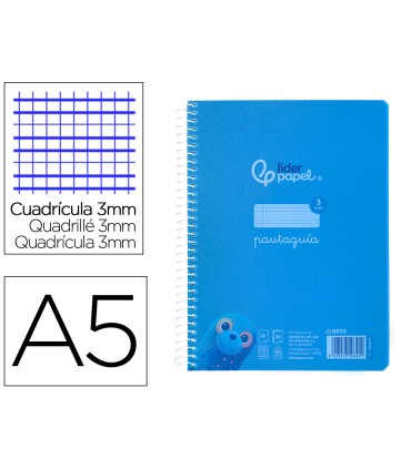 Cuaderno espiral liderpapel din a5 pautaguia tapa plastico 80h 90gr cuadro pautado 3 mm con margen color azul