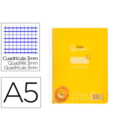 Cuaderno espiral liderpapel din a5 pautaguia tapa plastico 80h 90gr cuadro pautado 3 mm con margen color amarillo