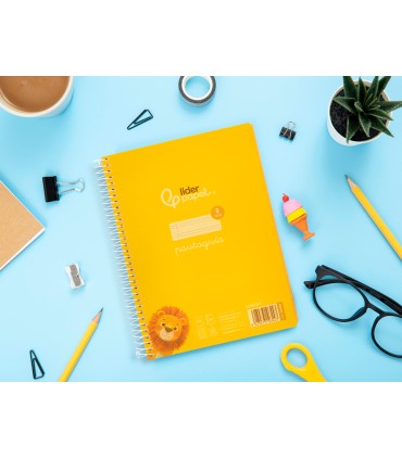 Cuaderno espiral liderpapel din a5 pautaguia tapa plastico 80h 90gr cuadro pautado 3 mm con margen color amarillo