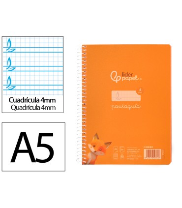 Cuaderno espiral liderpapel din a5 pautaguia tapa plastico 80h 90gr cuadro pautado 4mm color naranja