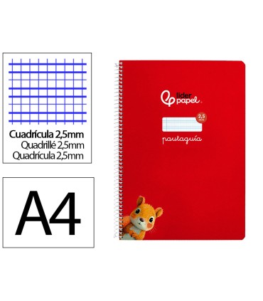 Cuaderno espiral liderpapel di n a4 pautaguia tapa dura 80h 90 gr cuadro pautado 25mm color rojo