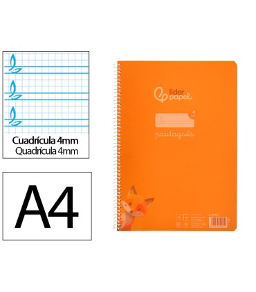 Cuaderno espiral liderpapel din a4 pautaguia tapa plastico80h 90gr cuadro pautado 4mm con margen color naranja