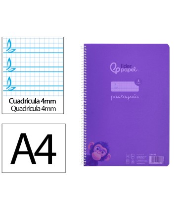 Cuaderno espiral liderpapel din a4 pautaguia tapa plastico80h 90gr cuadro pautado 4mm con margen color lila