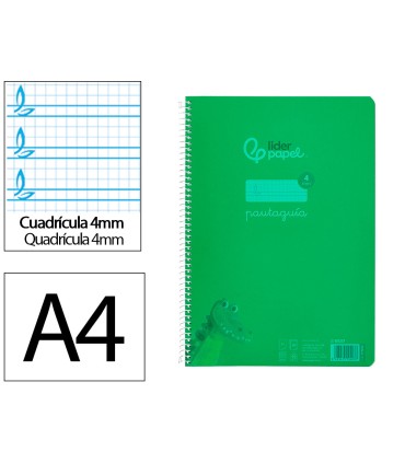 Cuaderno espiral liderpapel din a4 pautaguia tapa plastico80h 90gr cuadro pautado 4mm con margen color verde