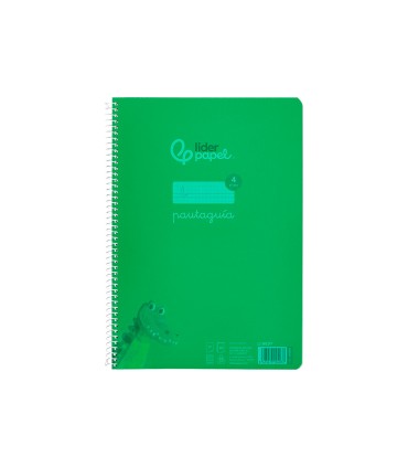 Cuaderno espiral liderpapel din a4 pautaguia tapa plastico80h 90gr cuadro pautado 4mm con margen color verde